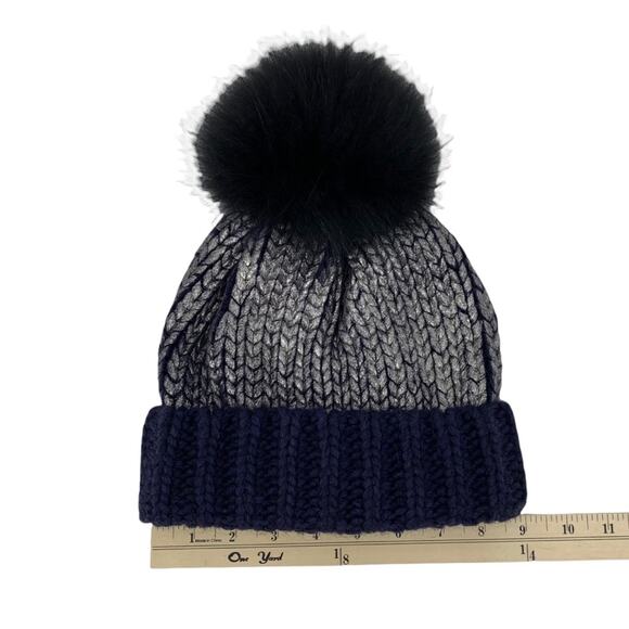 Navy Blue & Silver Wool Blend Beanie Hat Genuine Raccoon Fur Pom-Pom by AQUA - Picture 10 of 13